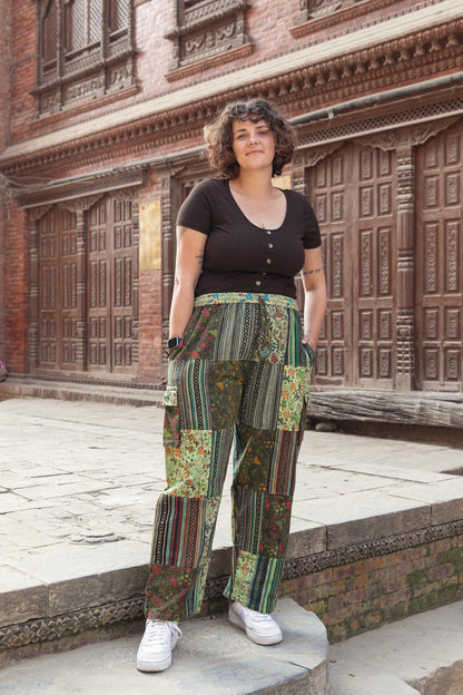 Patchwork Cotton Trousers: Unisex Hippie Mushroom Print Festival Pants