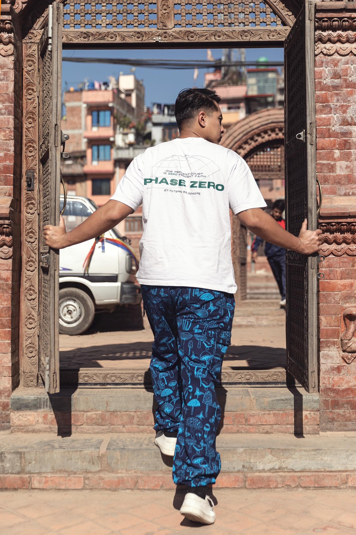 Boho Hippie Mushroom Print Trousers – Unisex Cotton Pants, Festival Yoga Wear, Handmade in Nepal