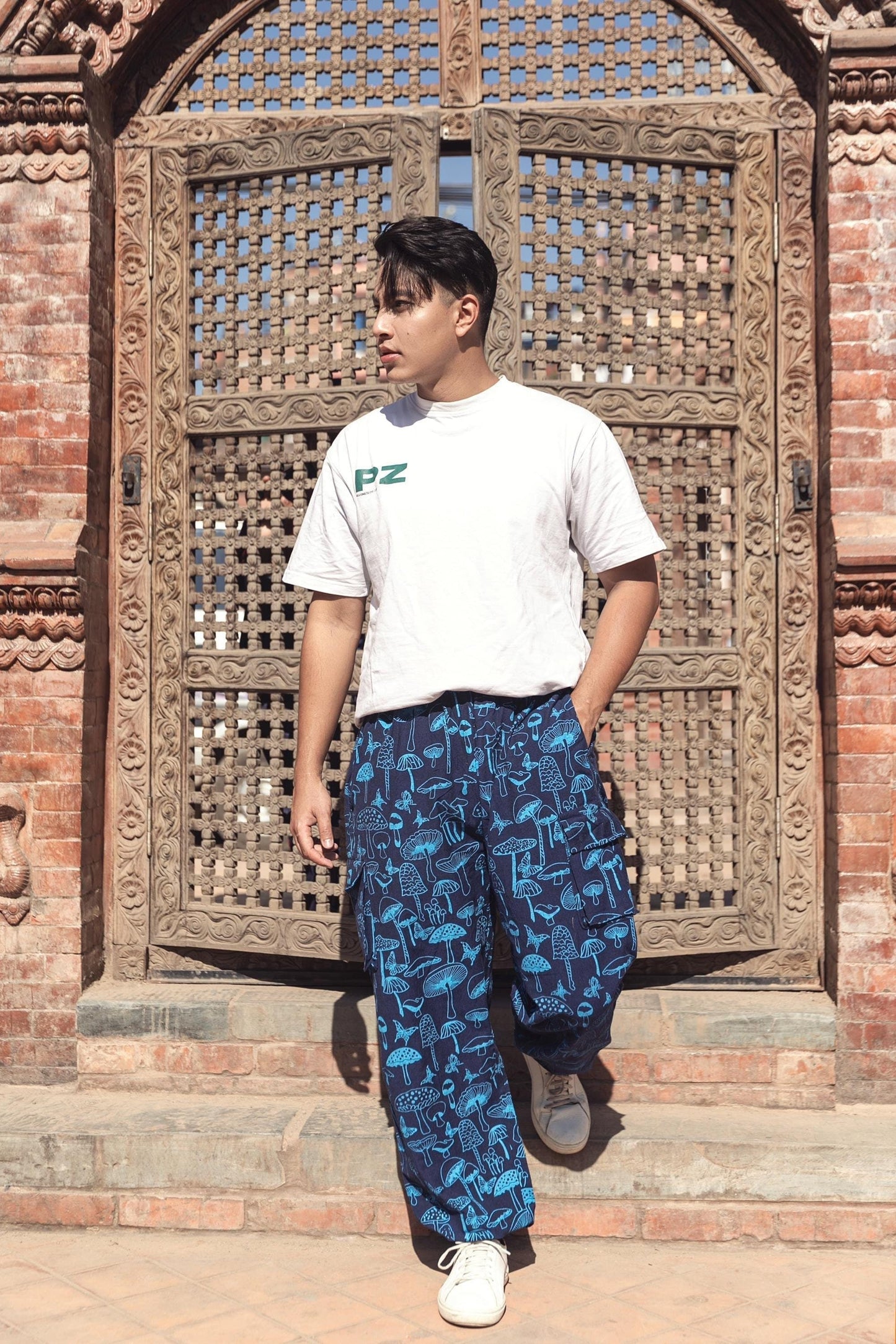Boho Hippie Mushroom Print Trousers – Unisex Cotton Pants, Festival Yoga Wear, Handmade in Nepal