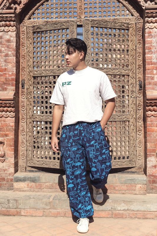 Boho Hippie Mushroom Print Trousers – Unisex Cotton Pants, Festival Yoga Wear, Handmade in Nepal