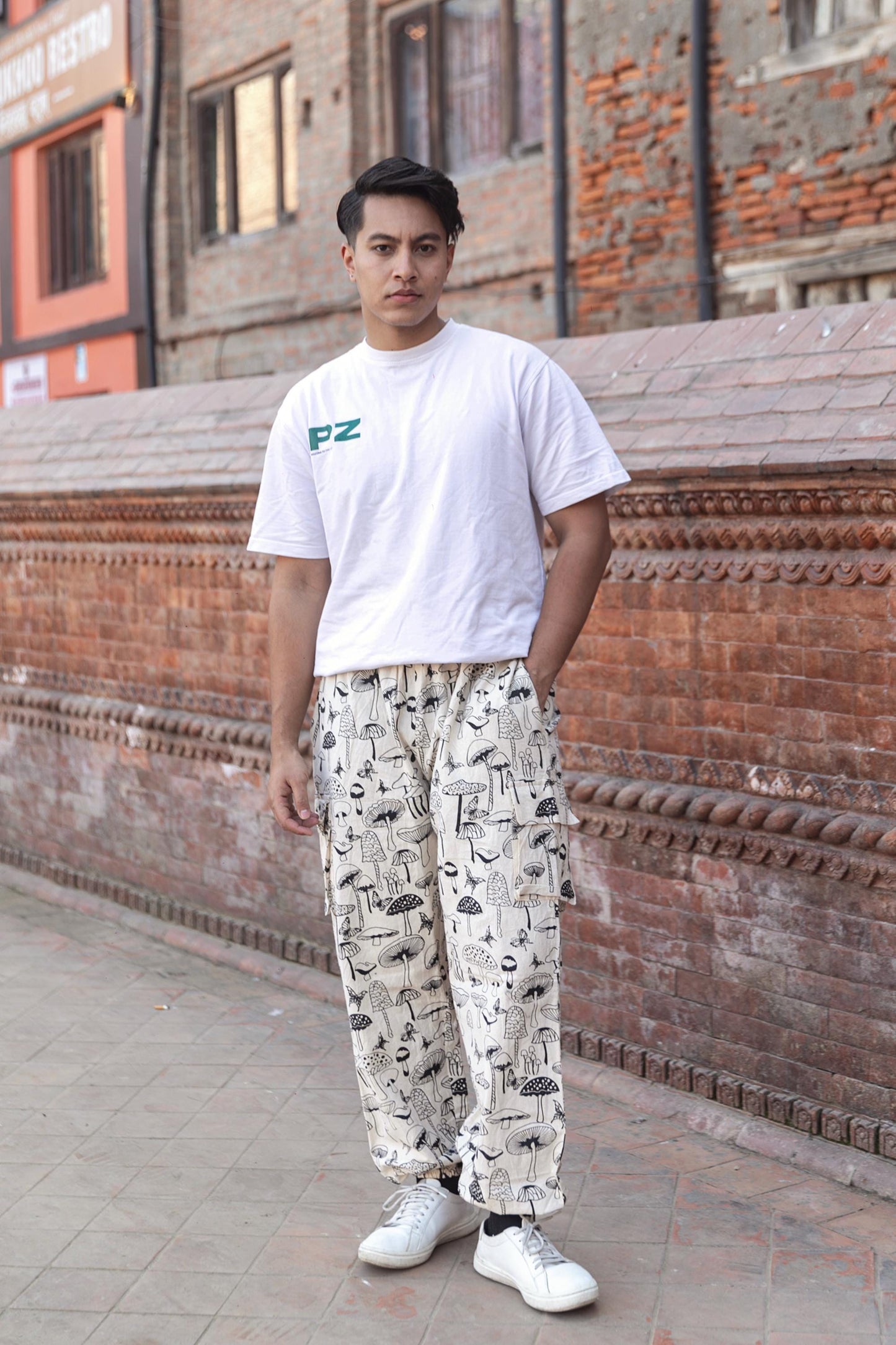 Mushroom Print Cotton Harem Pants, Unisex Boho Festival Trousers, Wide Leg Baggy Clothing