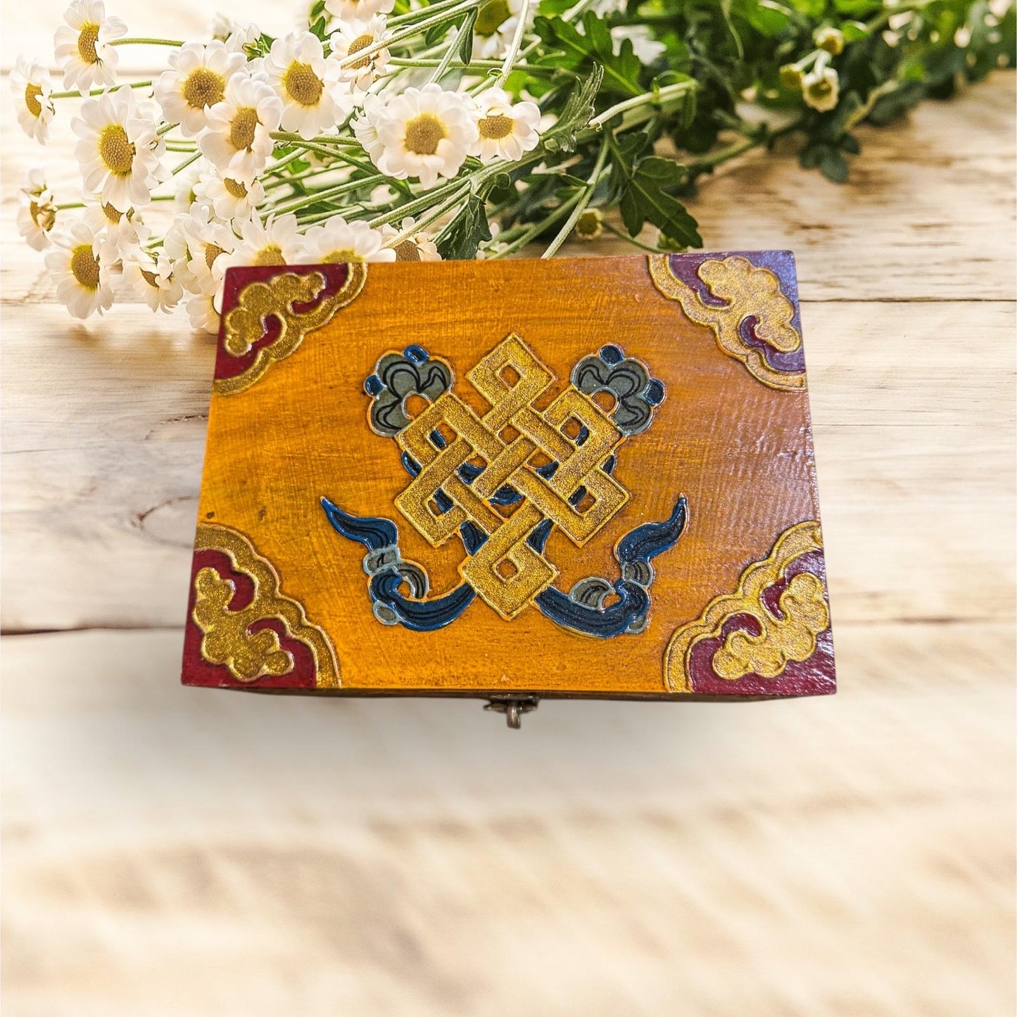Handmade Tibetan Box: Thangka Inlay, Stone Setting, Nepal Decor