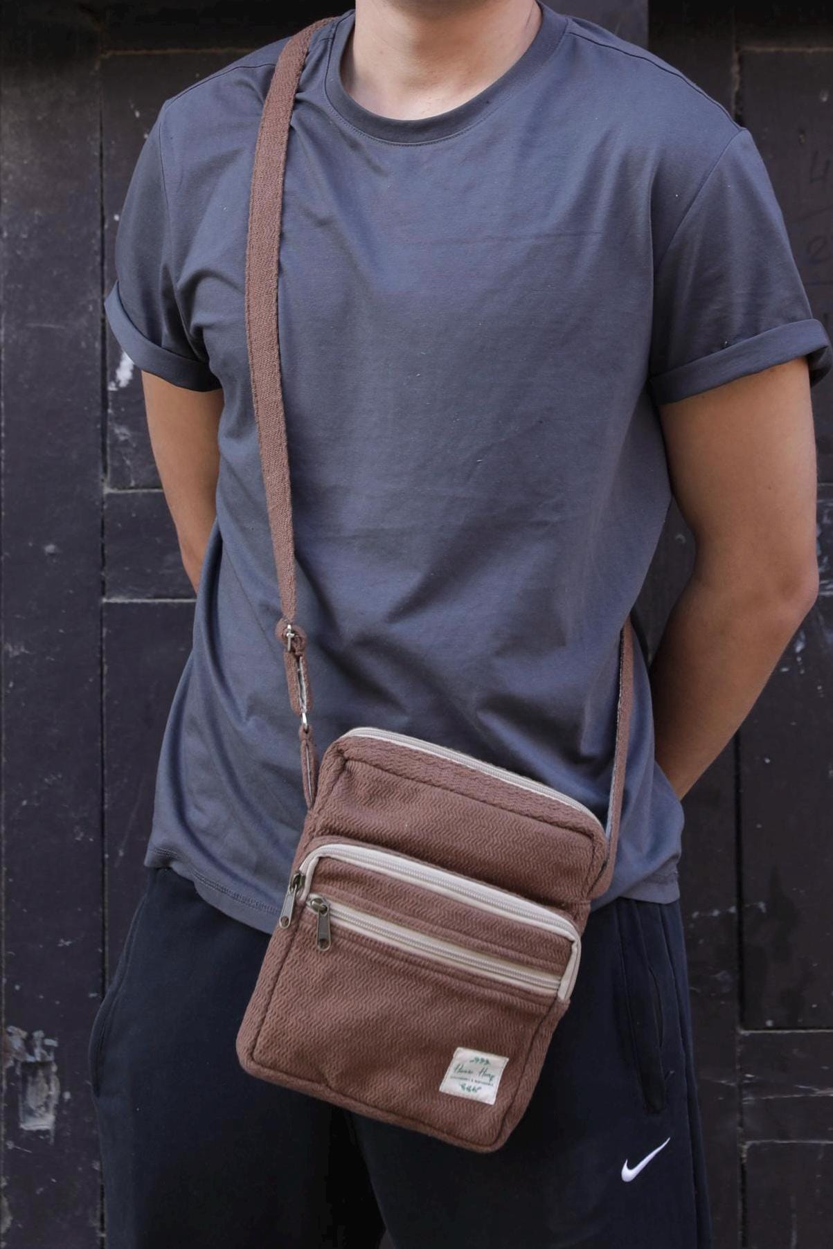 Handmade Cotton Crossbody Bag with Adjustable Strap and Three Zip Compartments
