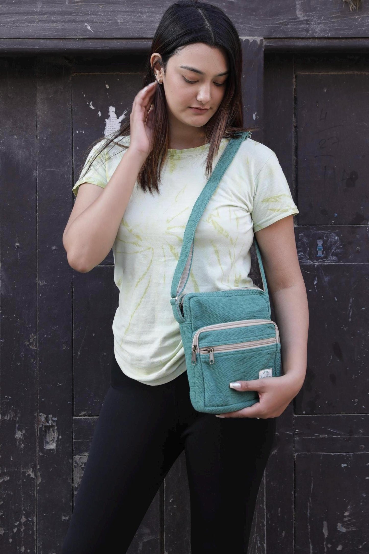 Handmade Cotton Crossbody Bag with Adjustable Strap and Three Zip Compartments