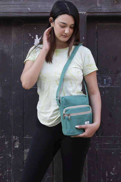 Handmade Cotton Crossbody Bag with Adjustable Strap and Three Zip Compartments