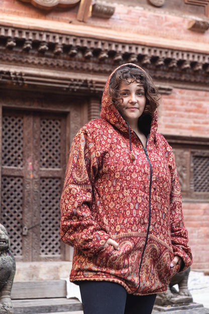 Handmade Yak Wool Jacket with Fleece Lining – Warm, Unisex Hooded Coat with Bohemian Patterns