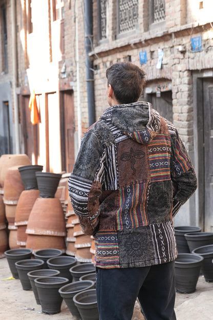 Unisex Patchwork Fleece Hoodie: Handmade Himalayan Cotton Jacket