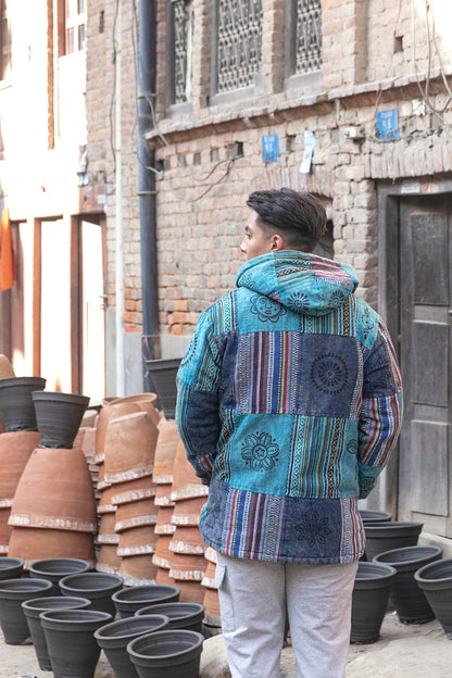 Mens Patchwork Fleece Lined Winter Jacket Boho Hippy Zipped Tops coat