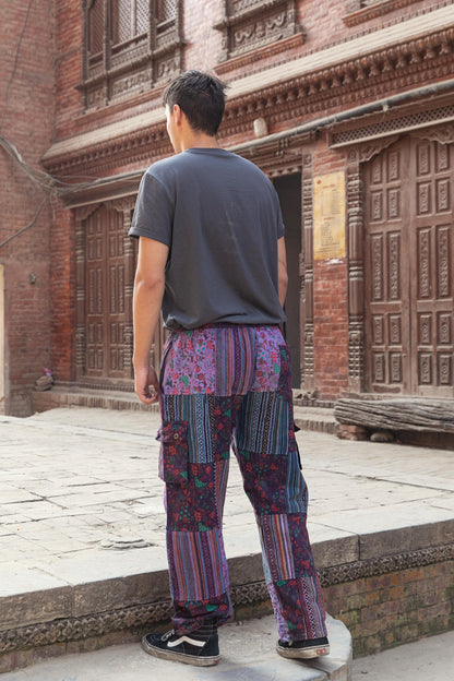 Patchwork Cotton Pants: Unisex Mushroom Print Festival Trousers