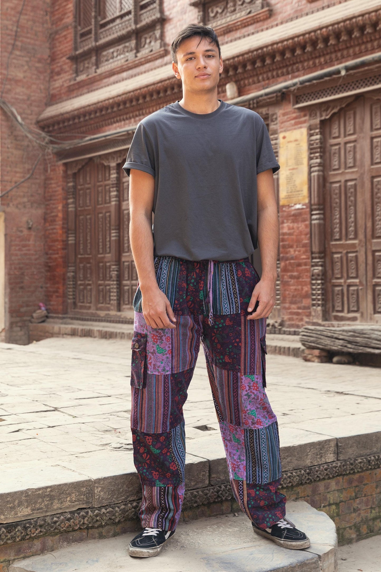 Patchwork Cotton Trousers: Unisex Hippie Mushroom Print Festival Pants