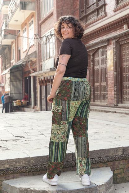 Patchwork Cotton Trousers: Unisex Hippie Mushroom Print Festival Pants