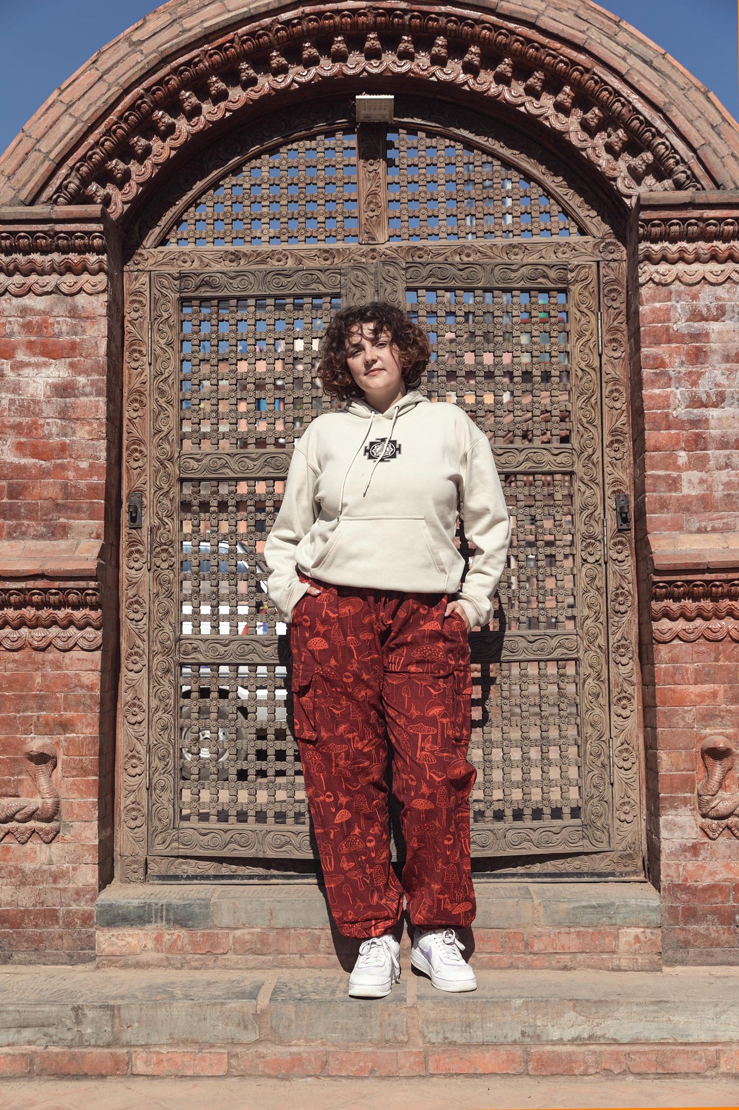 Boho Hippie Mushroom Print Trousers – Unisex Cotton Pants, Festival Yoga Wear, Handmade in Nepal