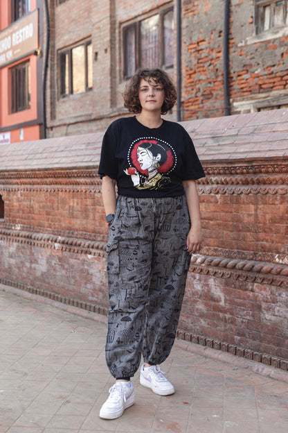 Boho Hippie Mushroom Print Trousers – Unisex Cotton Pants, Festival Yoga Wear, Handmade in Nepal