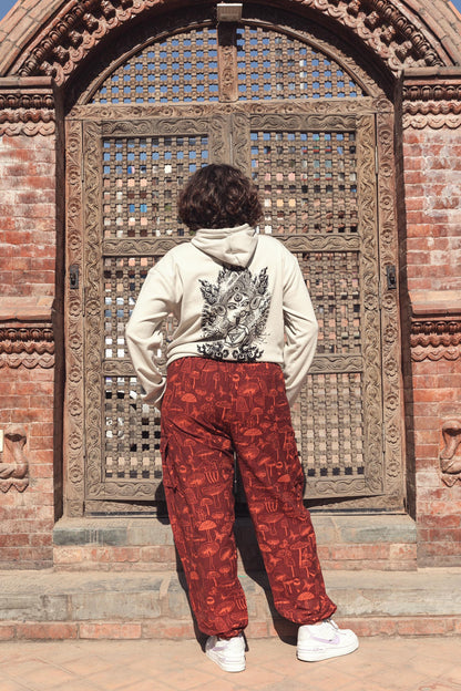 Mushroom Print Cotton Harem Pants, Unisex Boho Festival Trousers, Wide Leg Baggy Clothing