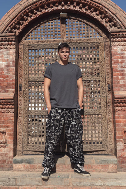 Mushroom Print Hippie Trousers: Unisex Eco-Friendly Cotton Festival Pants
