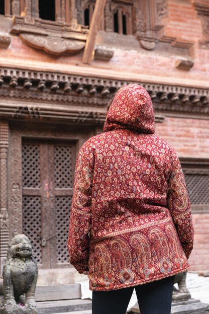 Handmade Yak Wool Jacket with Fleece Lining – Warm, Unisex Hooded Coat with Bohemian Patterns