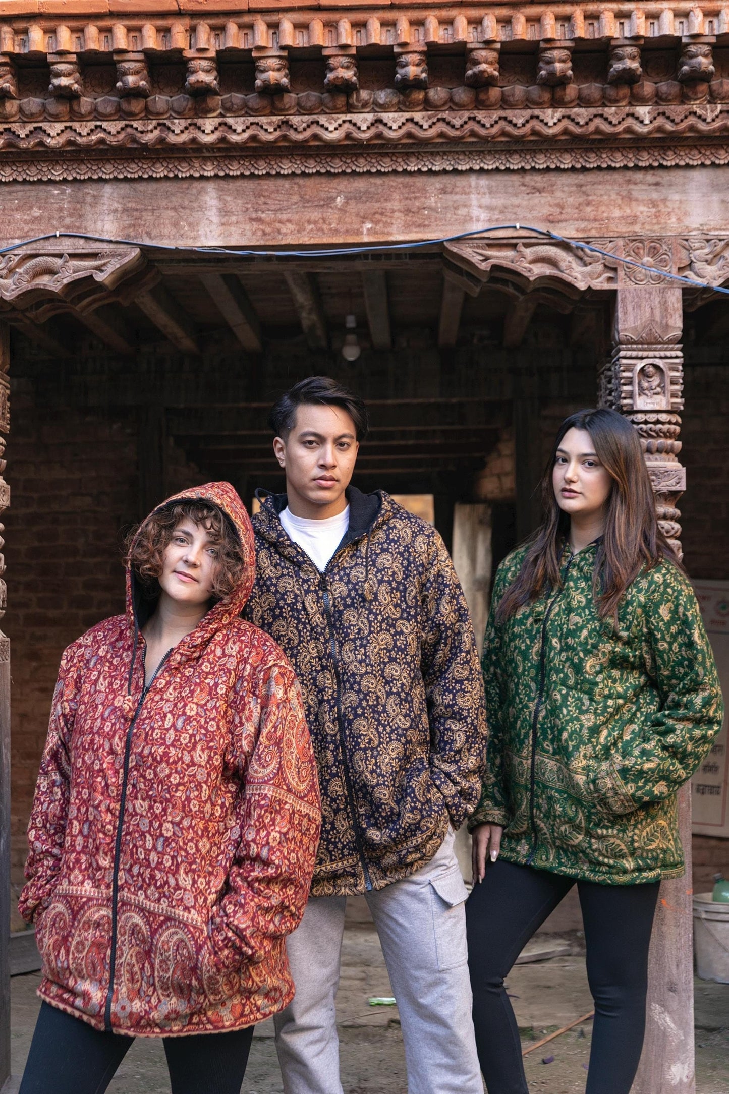 Handmade Yak Wool Jacket with Fleece Lining – Warm, Unisex Hooded Coat with Bohemian Patterns