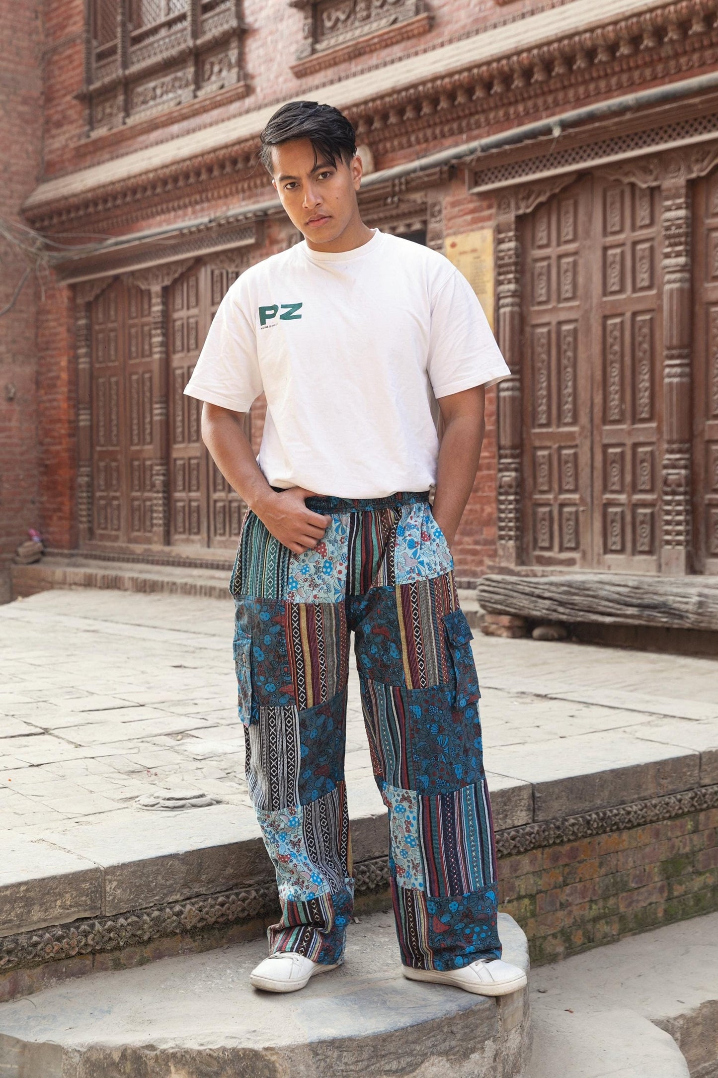 Patchwork Cotton Trousers: Unisex Hippie Mushroom Print Festival Pants