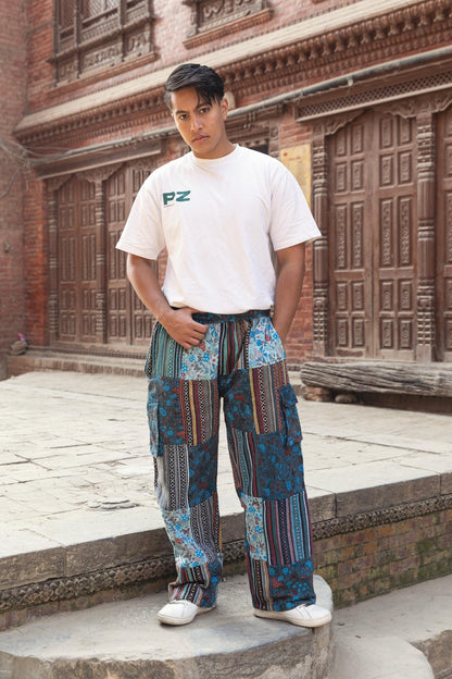 Patchwork Cotton Trousers: Unisex Hippie Mushroom Print Festival Pants