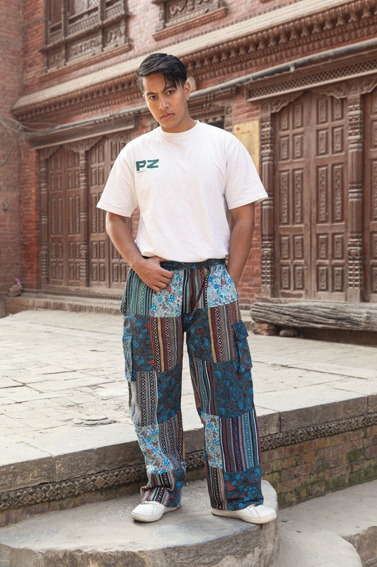 Patchwork Cotton Trousers: Unisex Hippie Mushroom Print Festival Pants