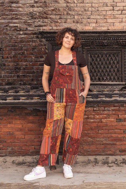 Hippie Patchwork Cotton Overalls: Festival Dungarees, Adjustable Lengths