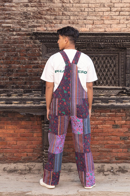 Hippie Patchwork Cotton Overalls: Festival Dungarees, Adjustable Lengths