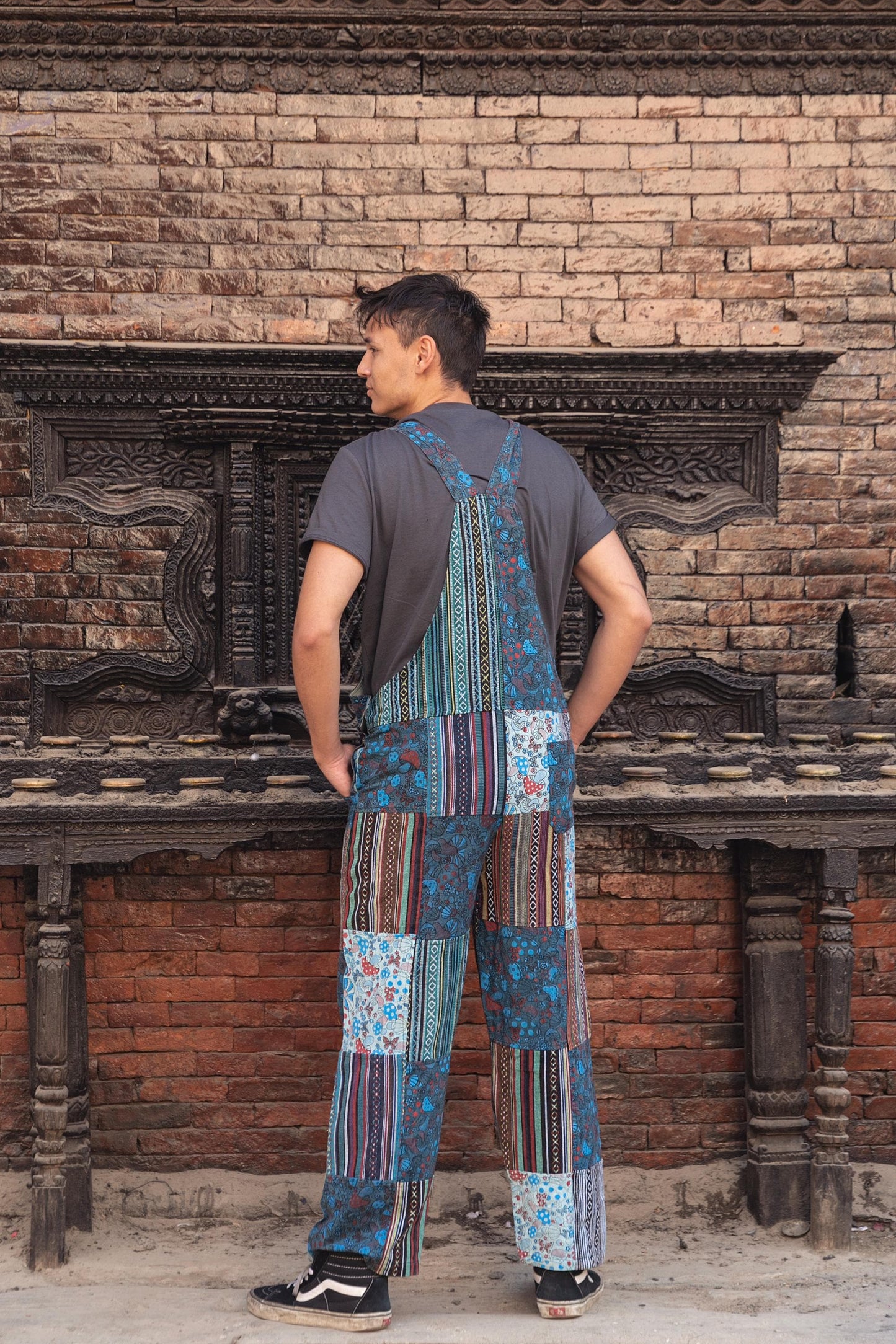 Hippie Patchwork Cotton Overalls: Festival Dungarees with Mushroom Print