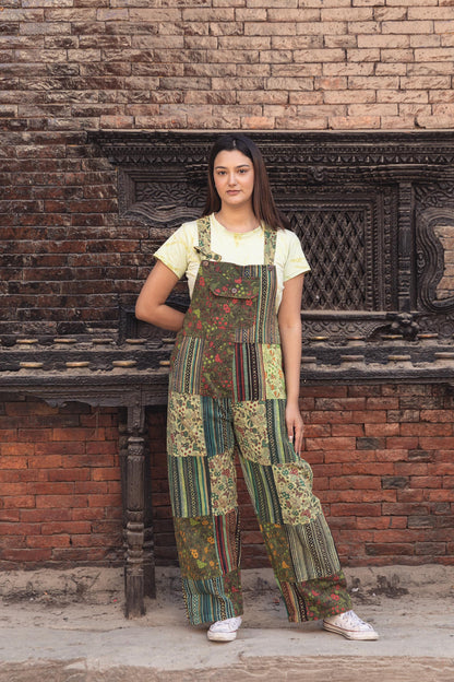 Patchwork Cotton Overalls: Hippie Festival Dungarees, Adjustable Length