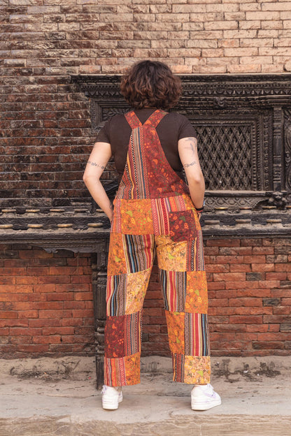 Patchwork Cotton Overalls: Hippie Festival Dungarees, Adjustable Length