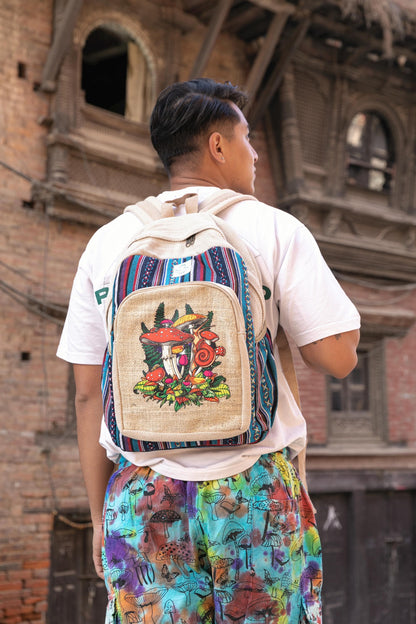 Handmade Mushroom Print Backpack: Hemp & Cotton Boho Rucksack