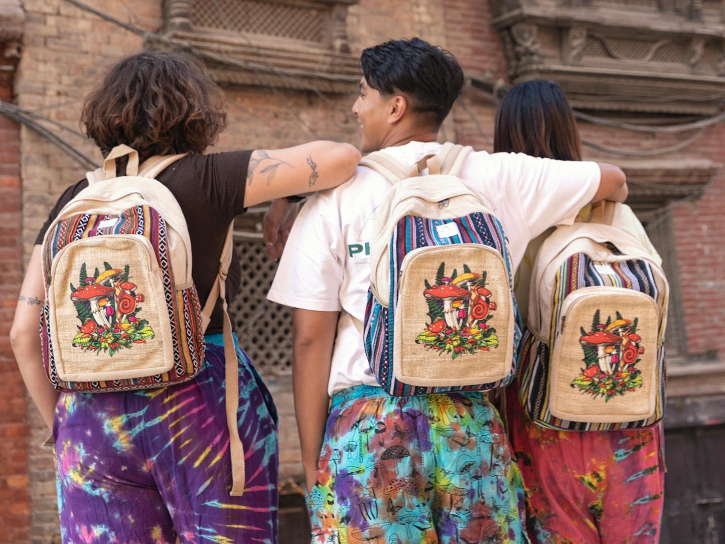 Handmade Mushroom Print Backpack: Hemp & Cotton Boho Rucksack