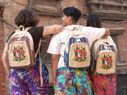 Handmade Mushroom Print Backpack: Hemp & Cotton Boho Rucksack