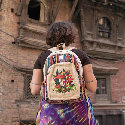 Handmade Mushroom Print Backpack: Hemp & Cotton Boho Rucksack