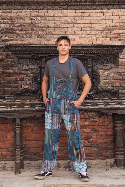 Hippie Patchwork Cotton Overalls: Festival Dungarees, Adjustable Lengths