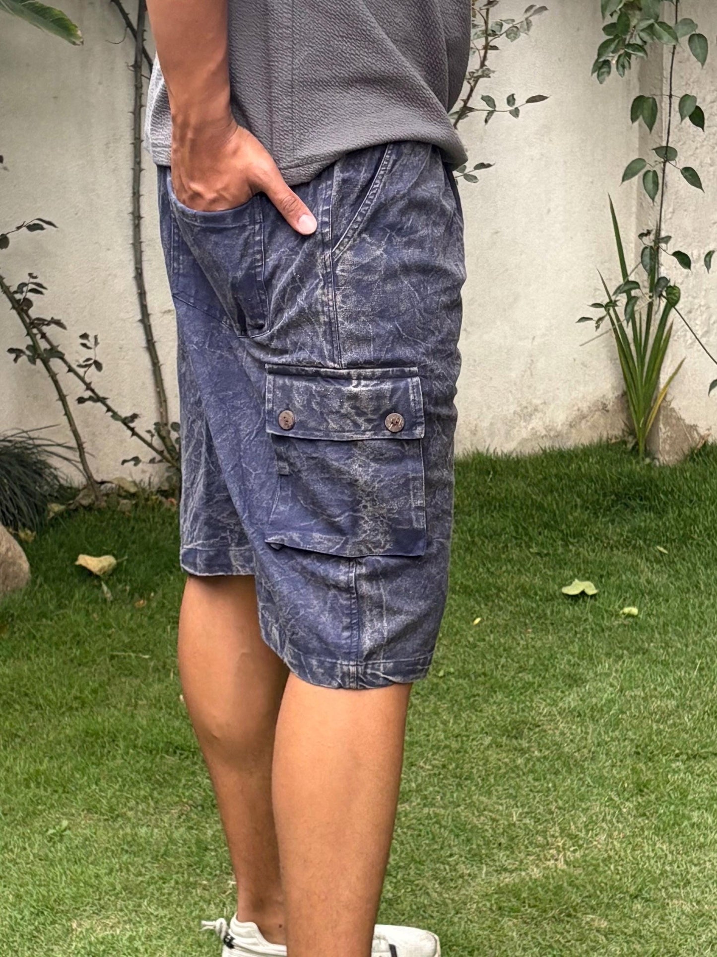 Handmade Organic Cotton Cargo Shorts: Stone Washed Hippie Festival Style