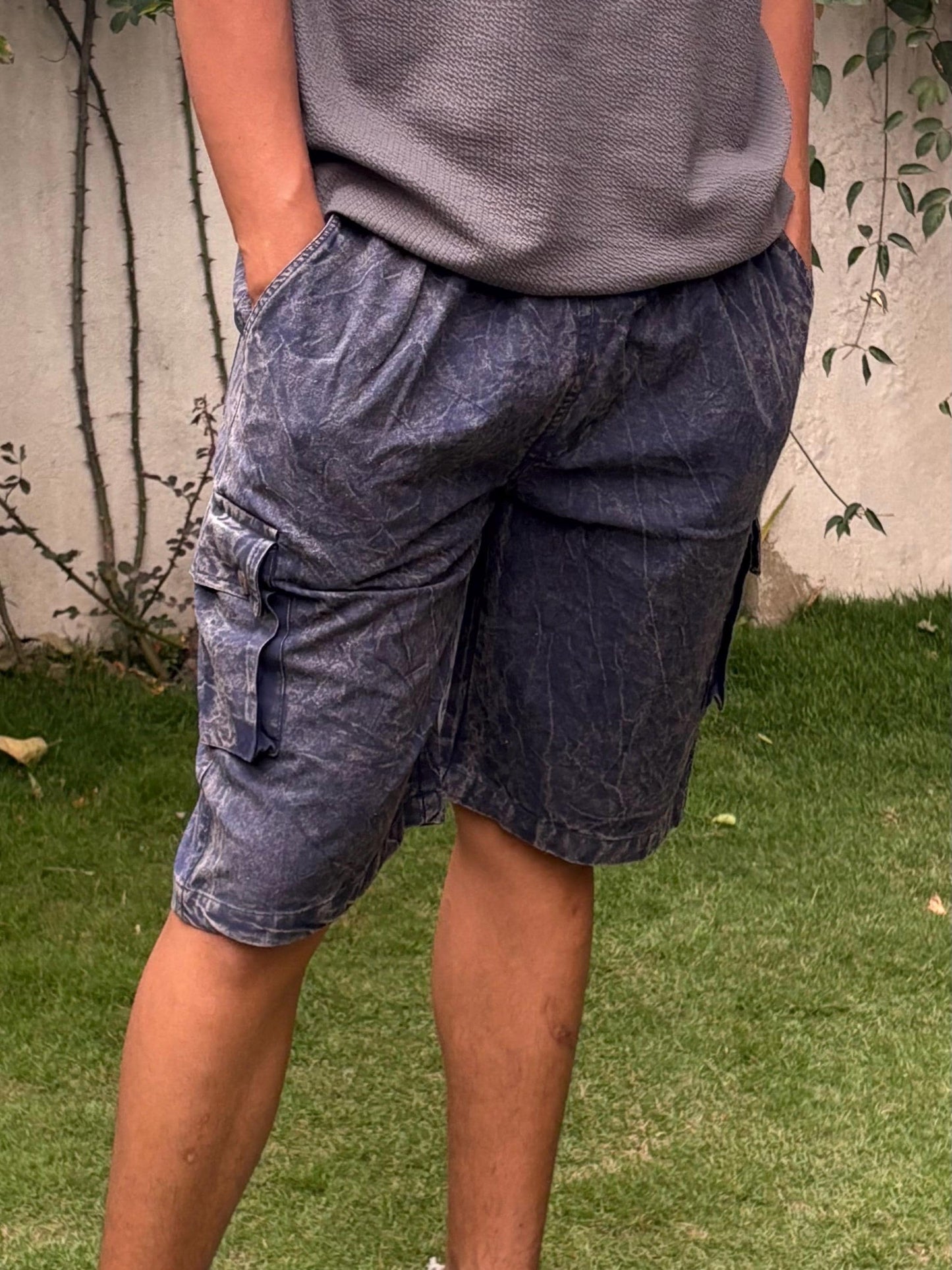 Handmade Organic Cotton Cargo Shorts: Stone Washed Hippie Festival Style
