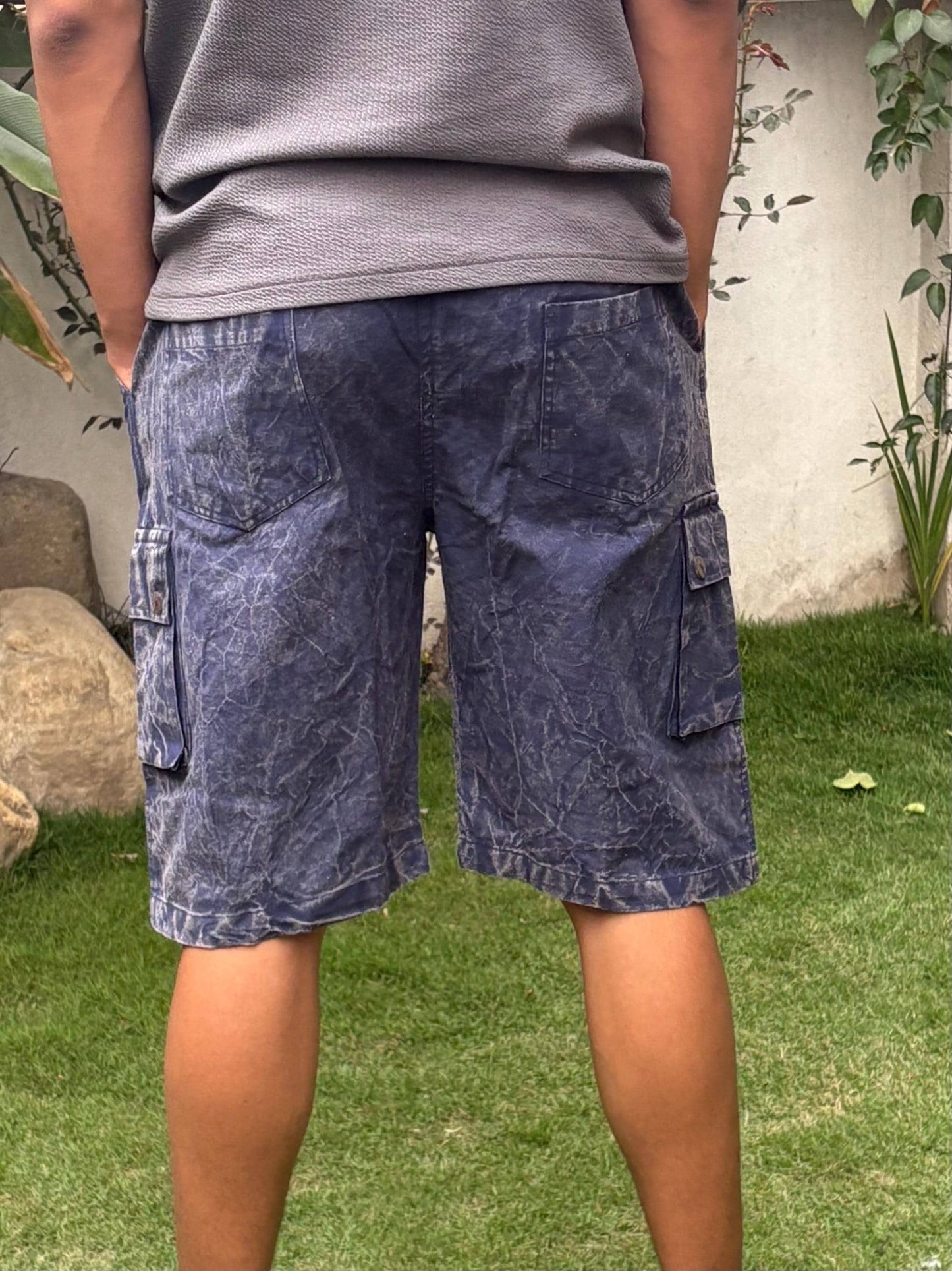 Handmade Organic Cotton Cargo Shorts: Stone Washed Hippie Festival Style