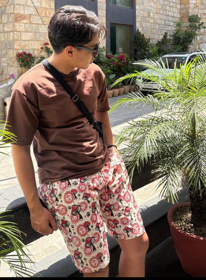 Mushroom Print Cotton Shorts: Handmade Hippie Festival Boho Pants