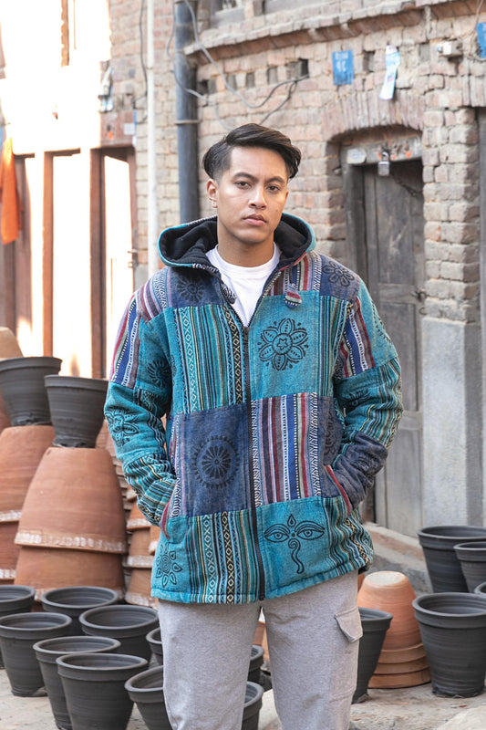 Mens Patchwork Fleece Lined Winter Jacket Boho Hippy Zipped Tops coat