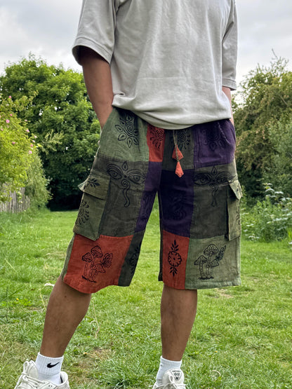 Handmade Patchwork Cotton Cargo Shorts: Eco-Friendly Hippie Style