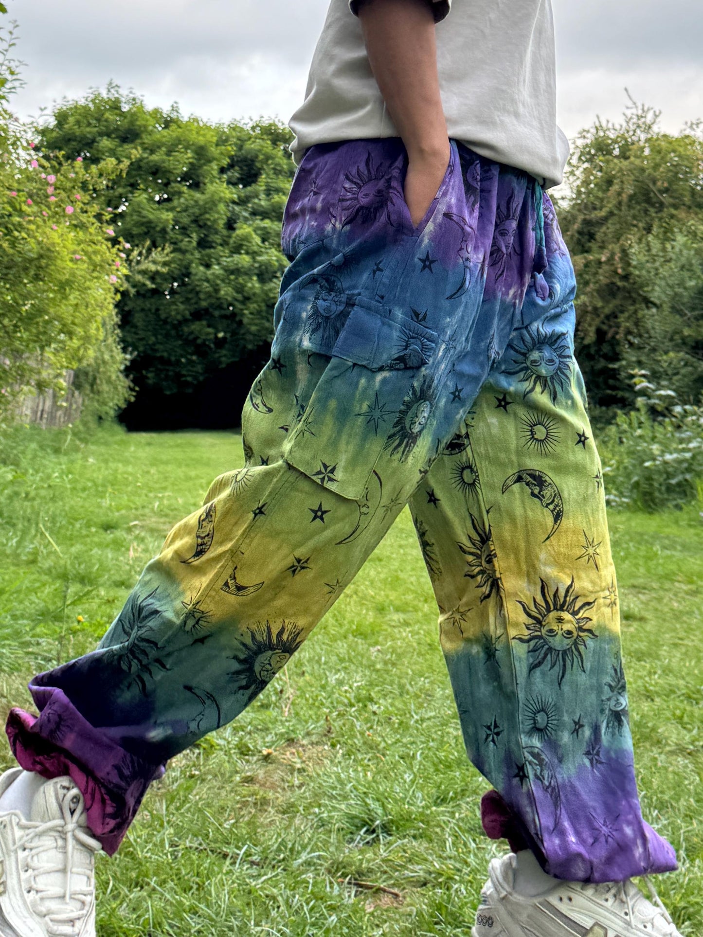 Unisex Tie Dye Hippie Pants: Mushroom Print Cotton Festival Trousers