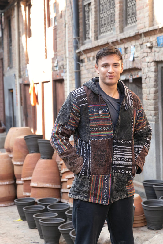 Unisex Patchwork Fleece Hoodie: Handmade Himalayan Cotton Jacket
