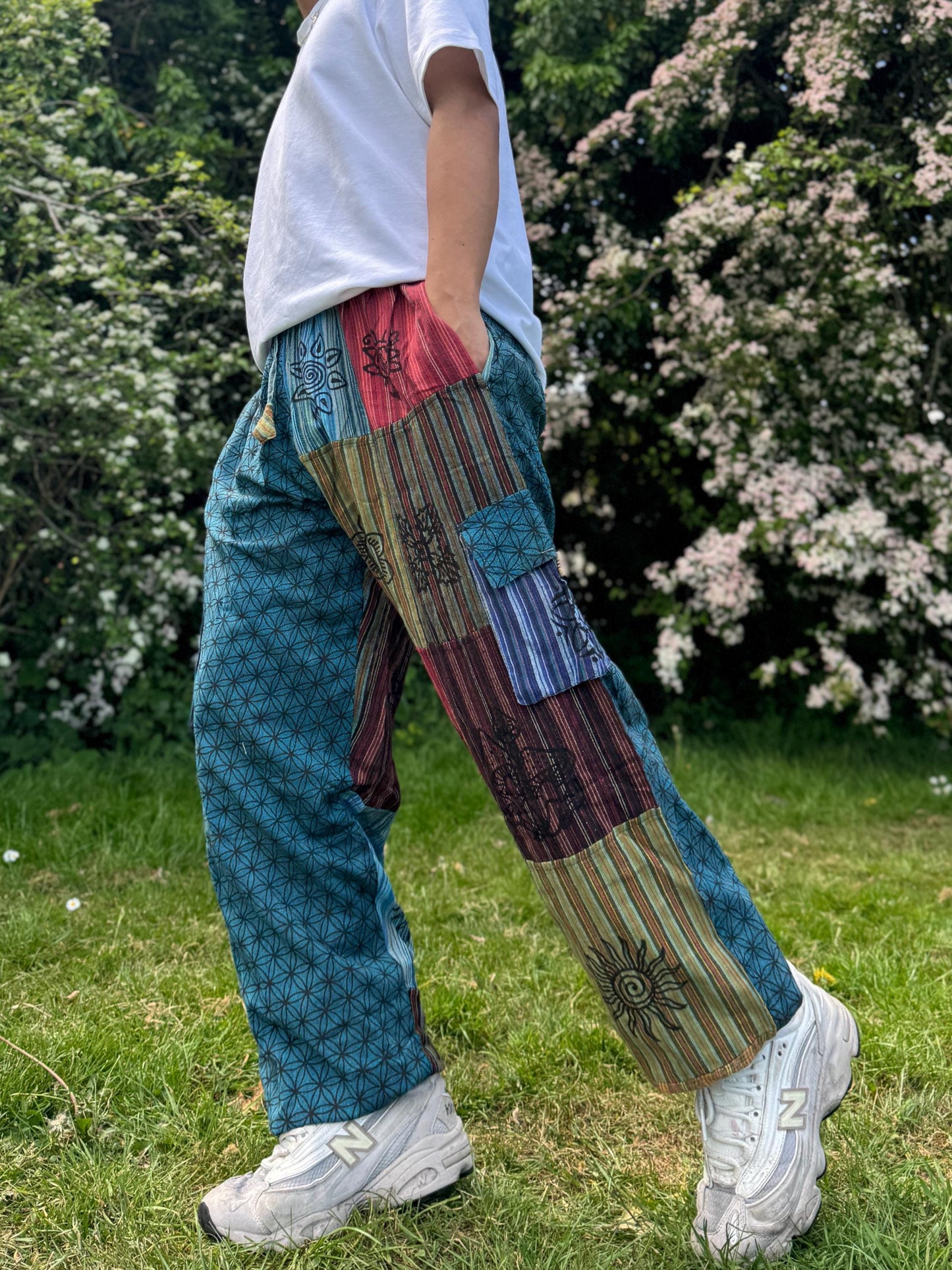 Patchwork Cotton Harem Pants: Flower of Life Print, Unisex Festival Trousers