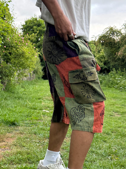 Handmade Patchwork Cotton Cargo Shorts: Eco-Friendly Hippie Style