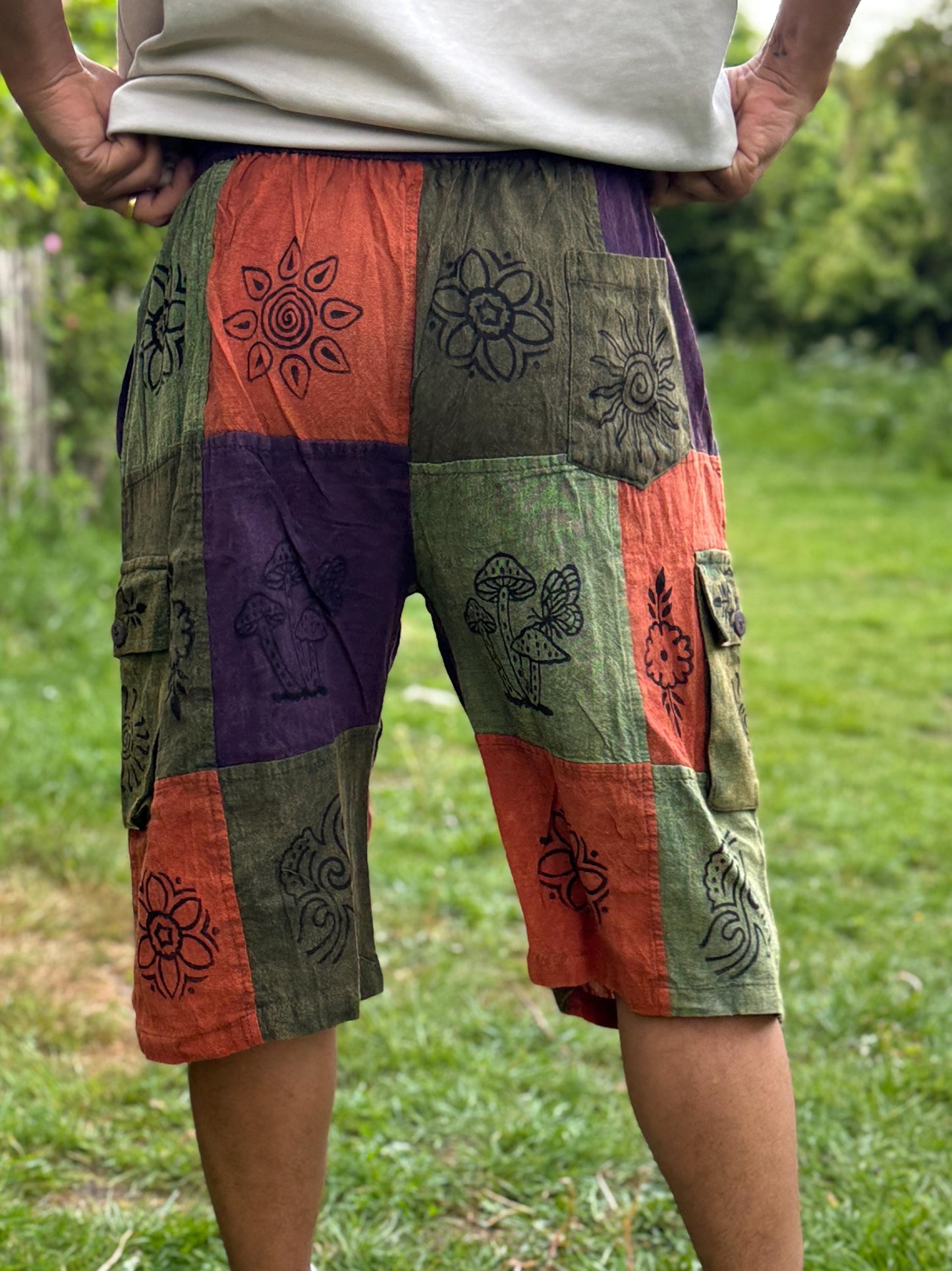 Handmade Patchwork Cotton Cargo Shorts: Eco-Friendly Hippie Style