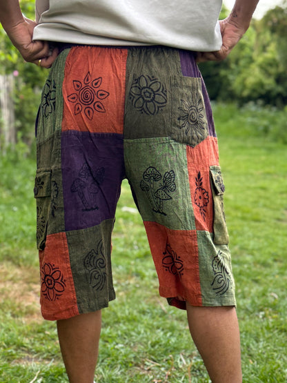 Handmade Patchwork Cotton Cargo Shorts: Hippie Bohemian Style