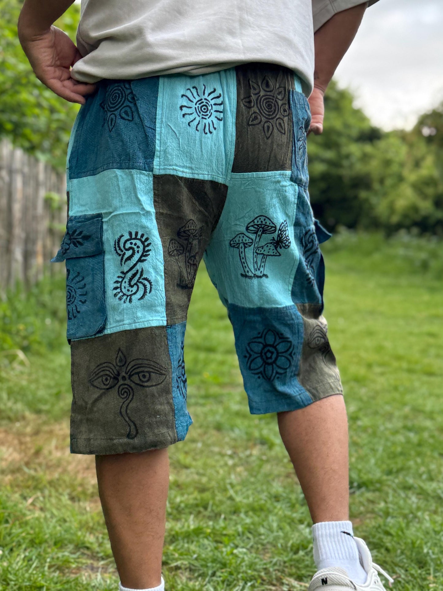 Handmade Patchwork Cotton Cargo Shorts: Hippie Bohemian Style