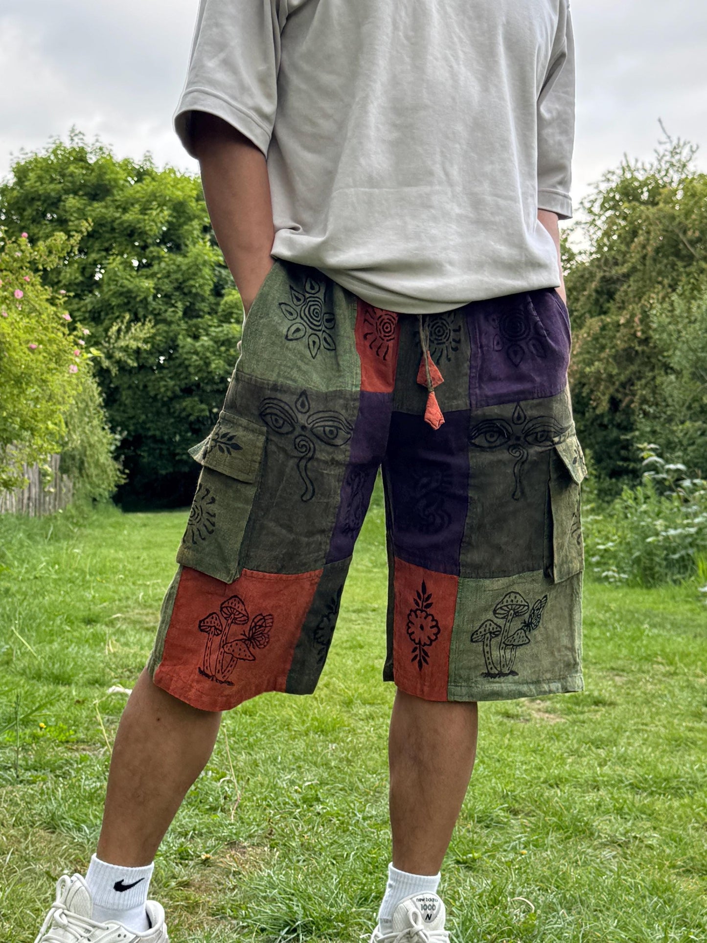Handmade Patchwork Cotton Cargo Shorts: Hippie Bohemian Style