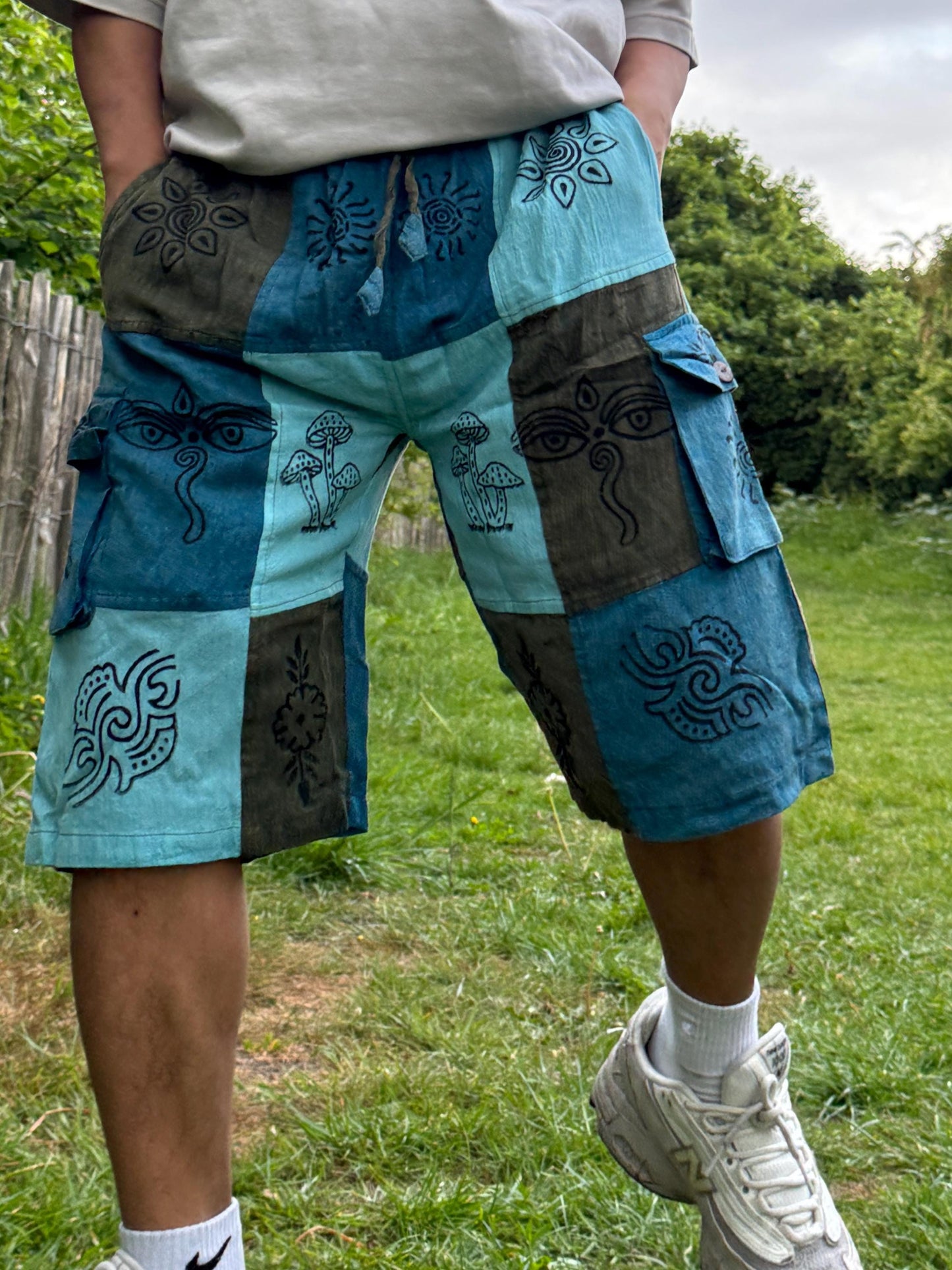 Handmade Patchwork Cotton Cargo Shorts: Hippie Bohemian Style