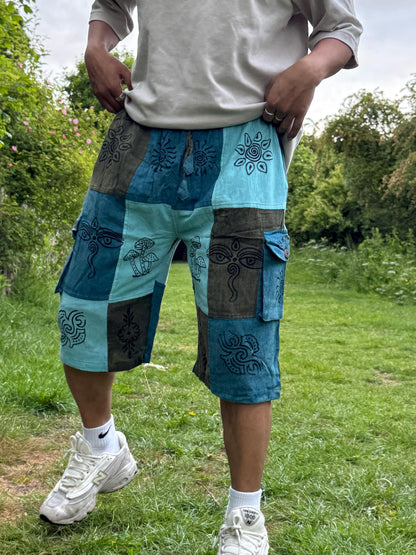 Handmade Patchwork Cotton Cargo Shorts: Hippie Bohemian Style